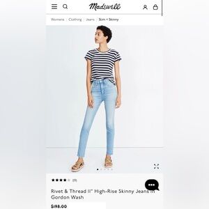 NWT Rivet and Thread x Madewell High-Rise Skinny Jeans, Size 28